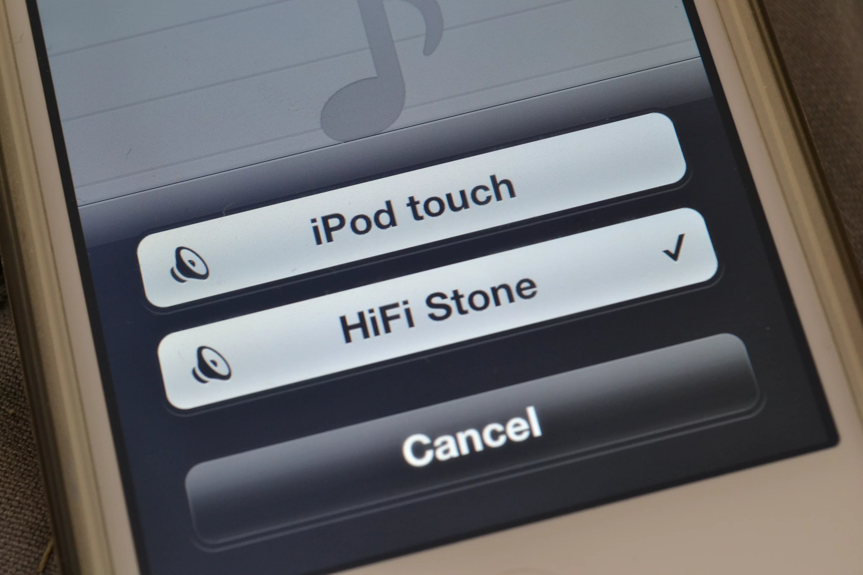 After creating its own direct Wi-Fi network, the device appears in the list of available AirPlay units on a 4th gen iPod touch