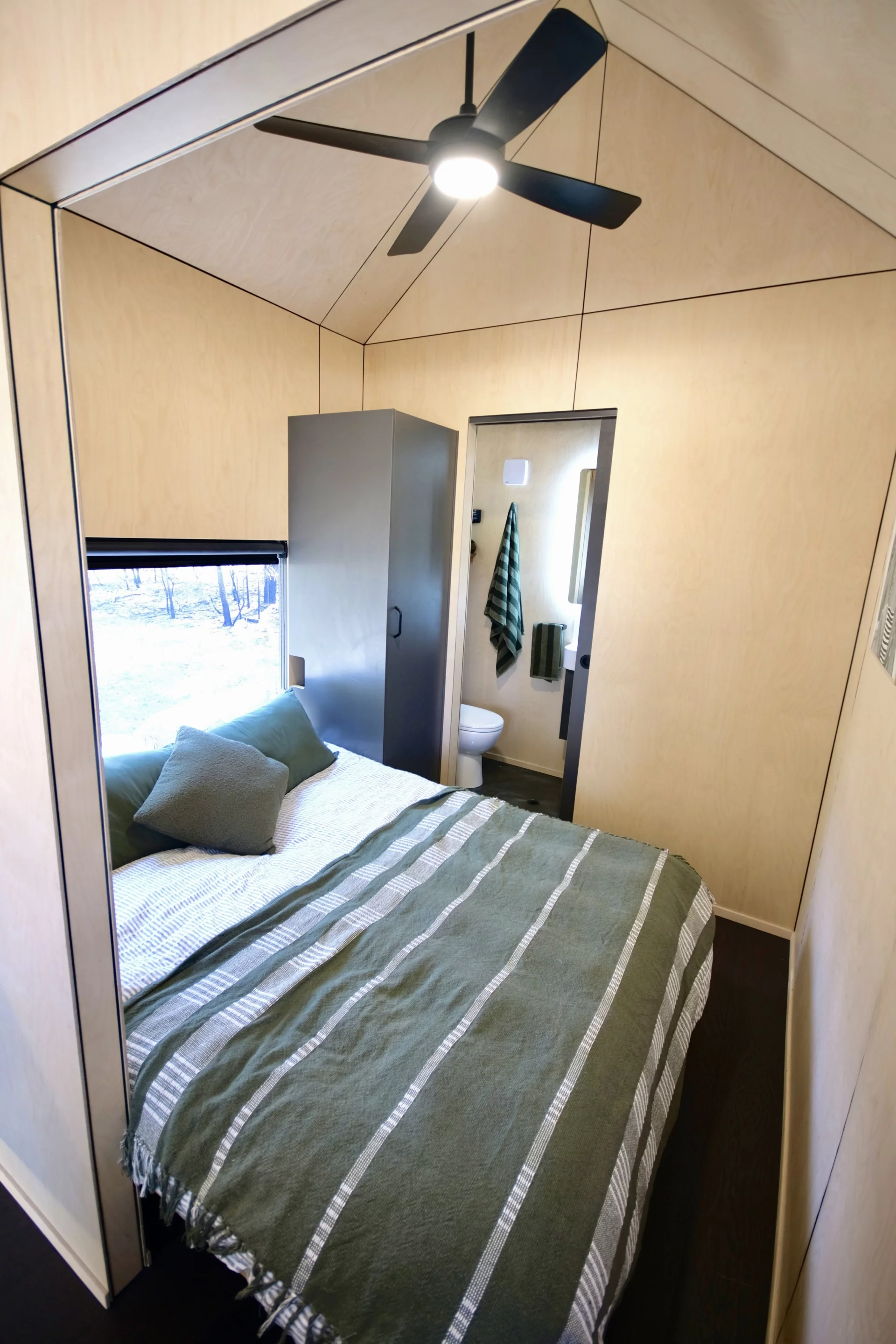 The Eire's bedroom has ample headroom to stand upright thanks to the home's single-floor layout