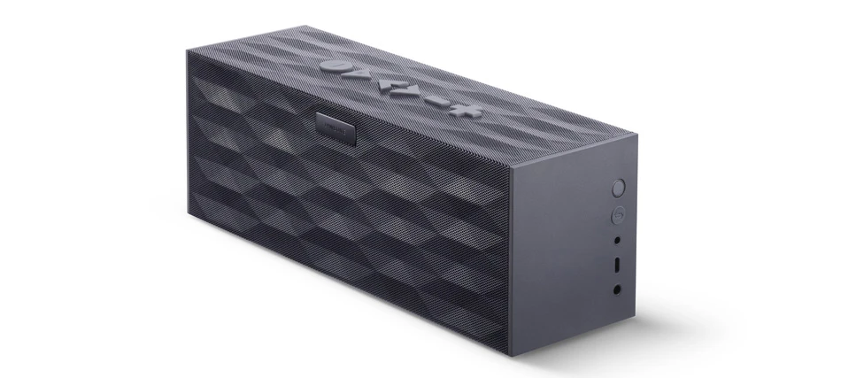 Jawbone BIG JAMBOX in Graphite Hex has buttons on the top and inputs on the side
