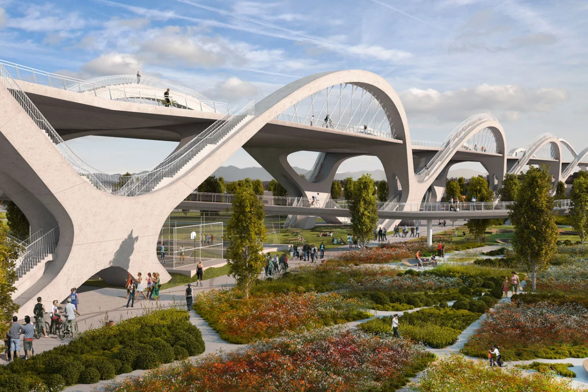 The new design for the Sixth Street Viaduct features ten pairs of white concrete arches