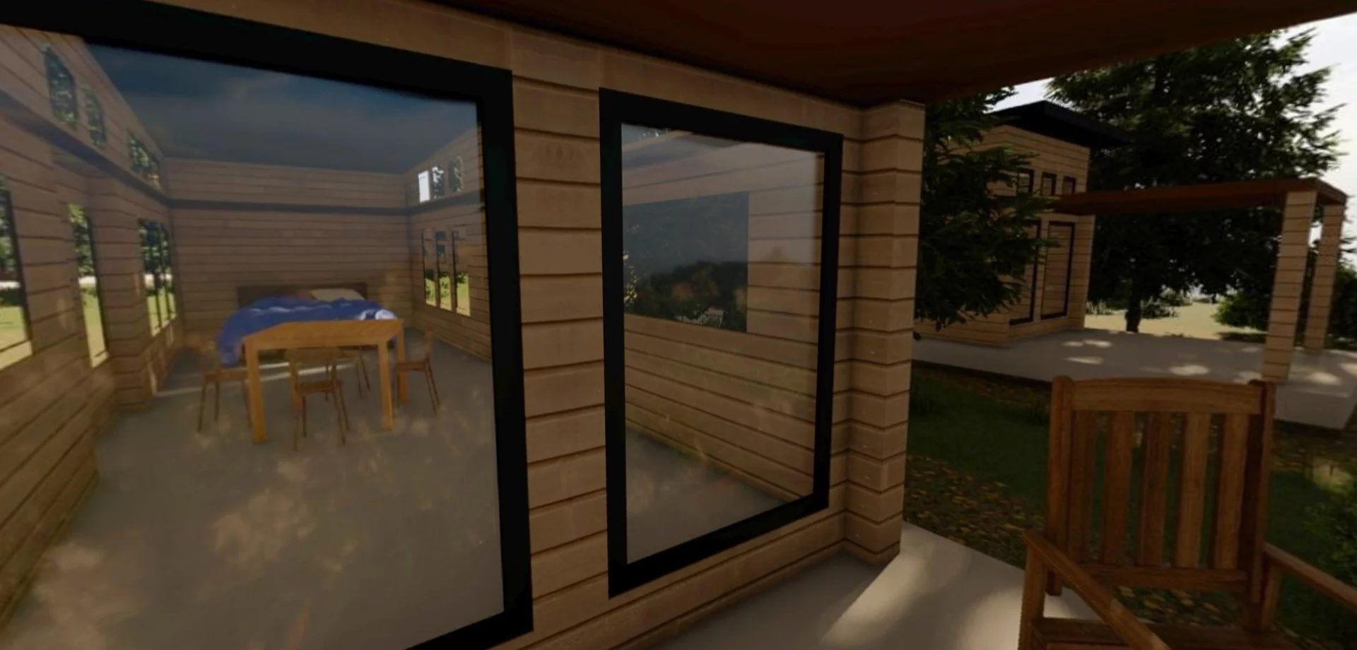 A simple cabin interior connected intimately with the outdoors around