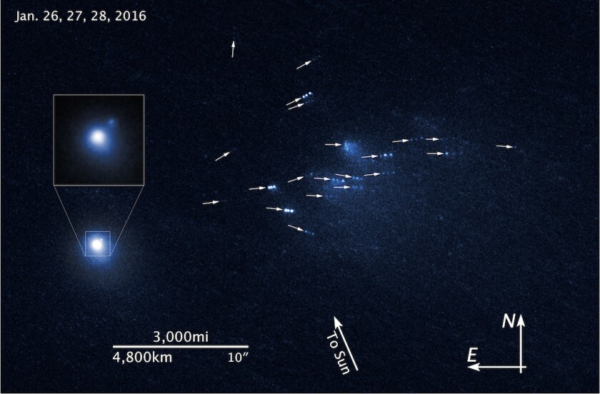 This image presents a clearer picture of the progression of the comet fragments over the course of the three days
