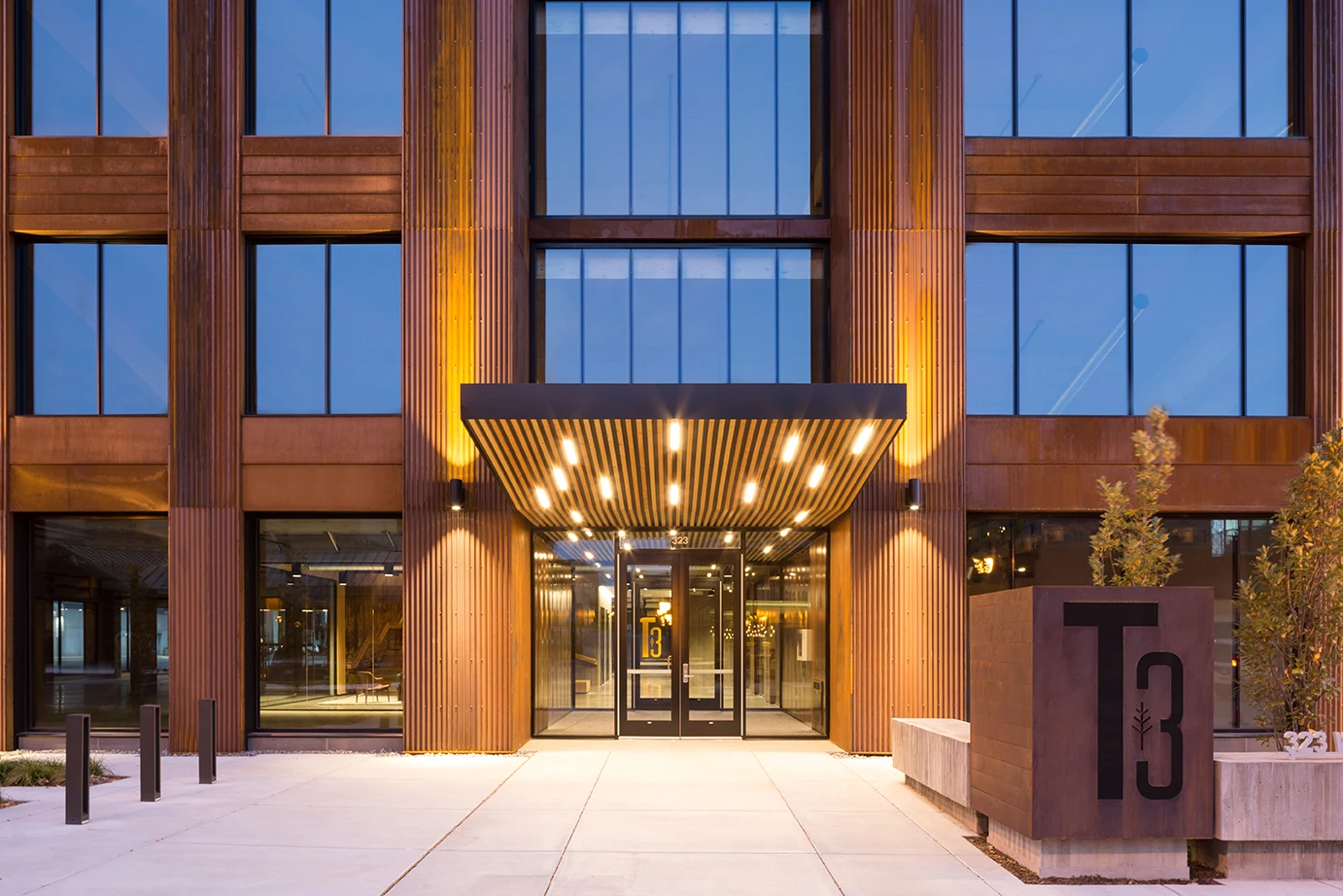 T3 is clad is weathering steel, which complements the aesthetic of the wooden structure