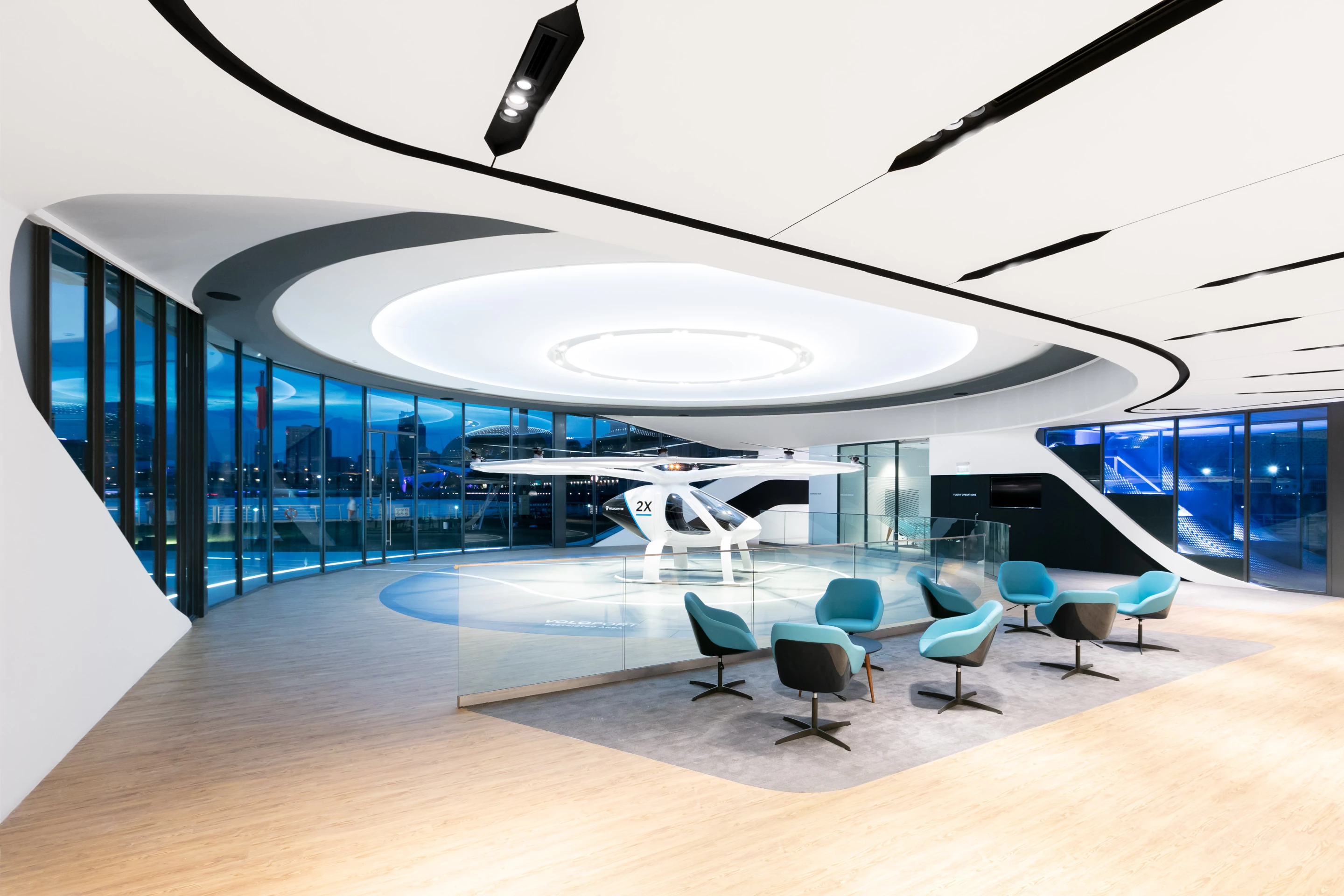 A stationary Volocopter is the centerpiece of the prototype VoloPort