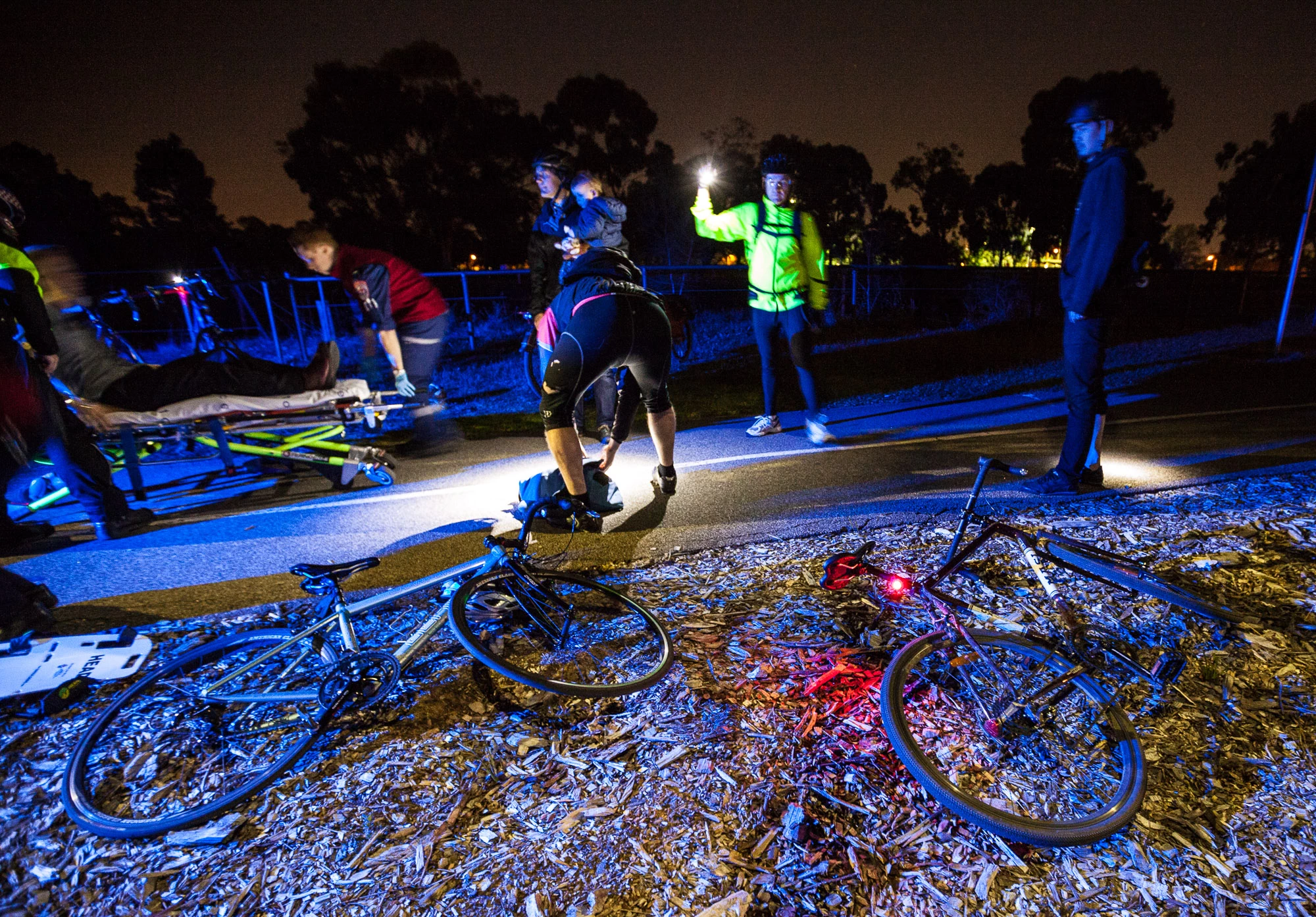"The patient could have been waving and screaming, but nobody would have seen him. Perfect opportunity to use the bike to protect the scene and get other riders to slow down. This guy hit an obstacle on the bike path and went over. His head hit the ground first and he became unconscious - just the way that he hit the ground and the speed dictated that we needed to take him to hospital."