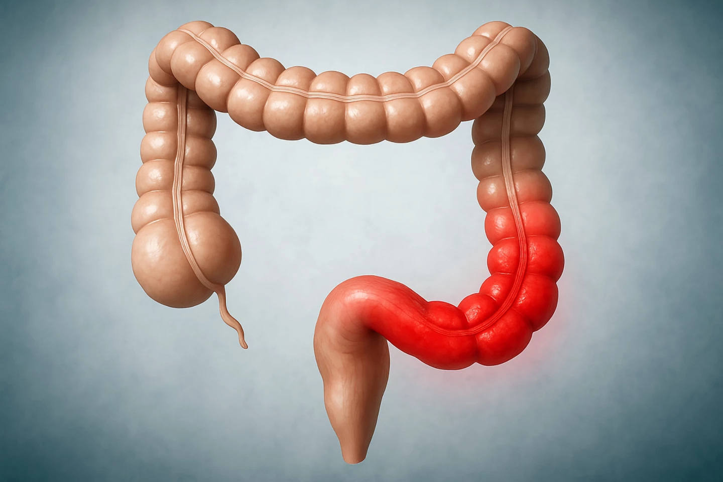 Ulcerative colitis causes the gut lining in the colon (large intestine) to become swollen and develop ulcers