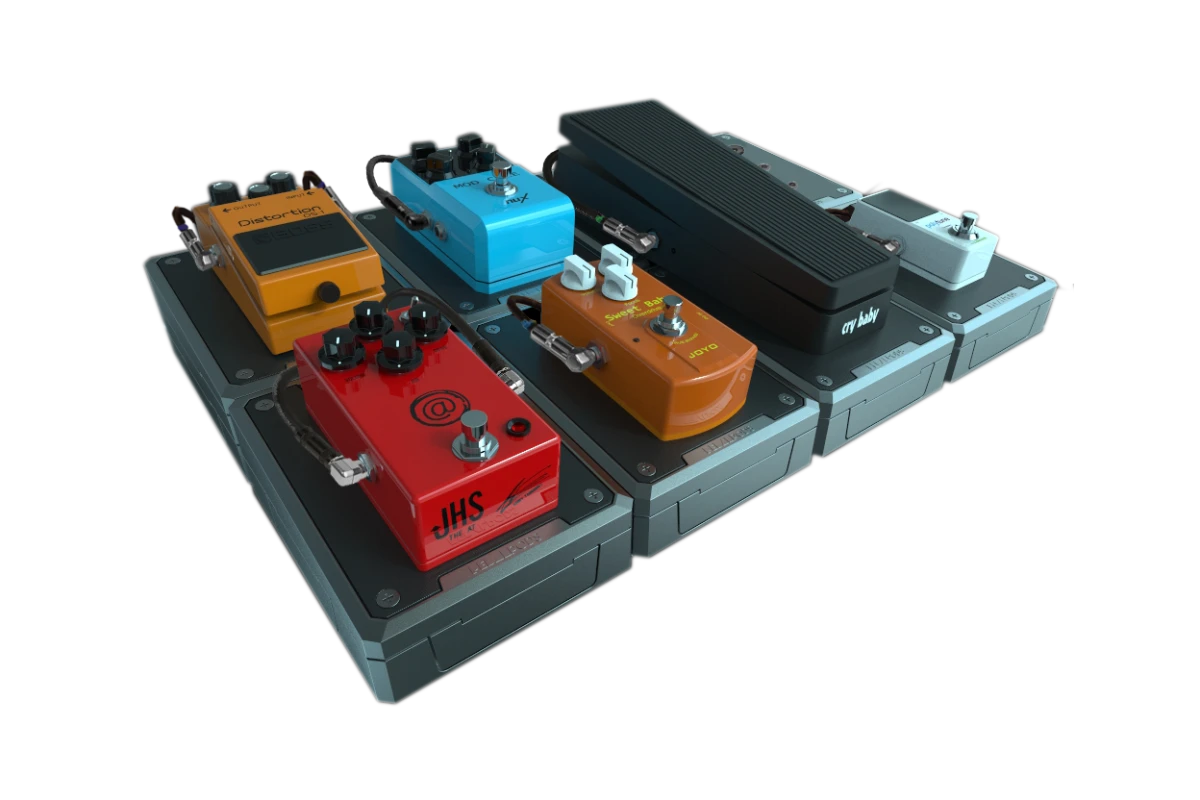 Each Pedal Pods module has its own adjustable power source and locks with other Pods to form a custom pedalboard