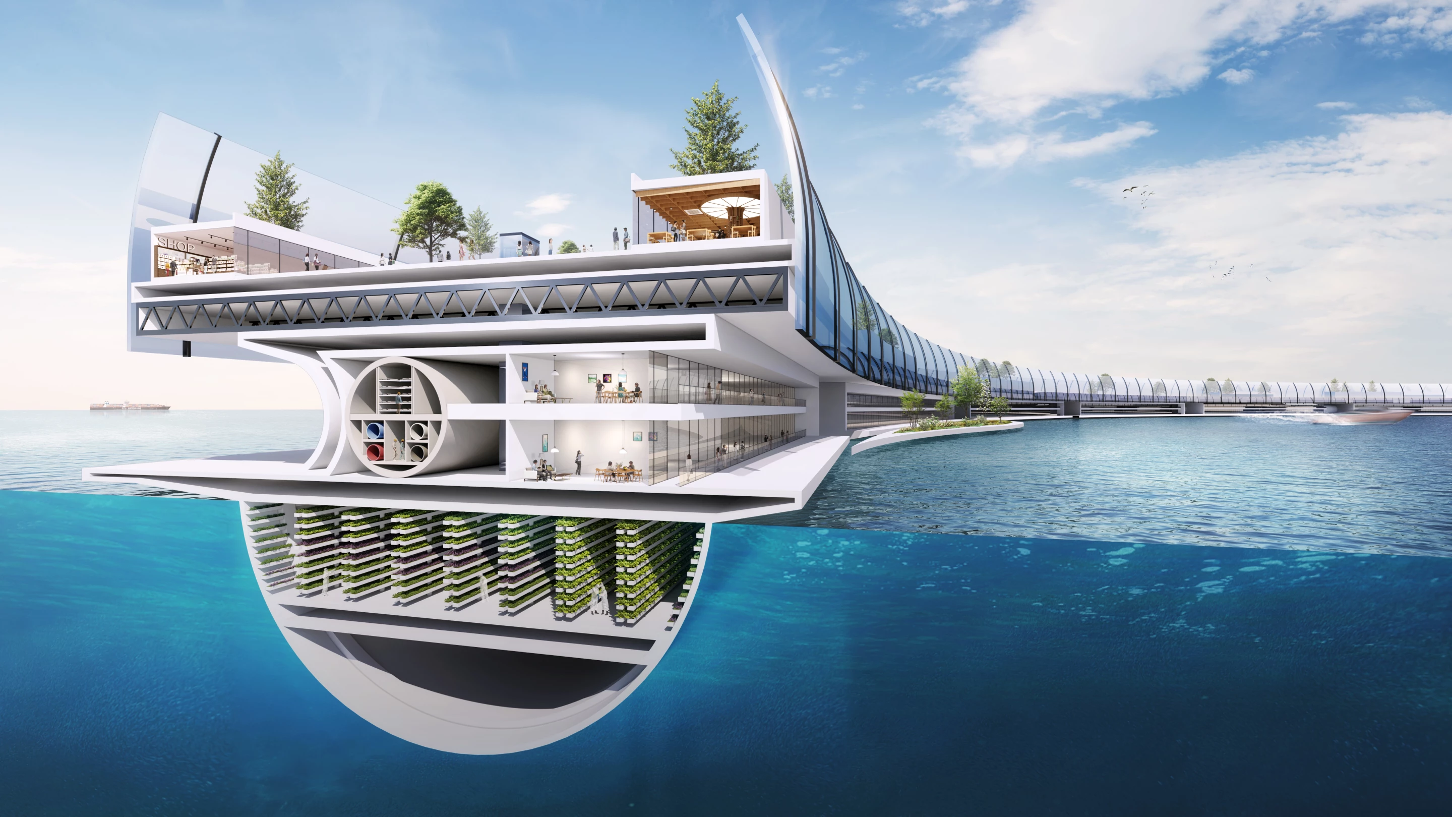 Dogen City's main living areas would be situated within its ring-like structure, which would be rated to withstand tsunami waves