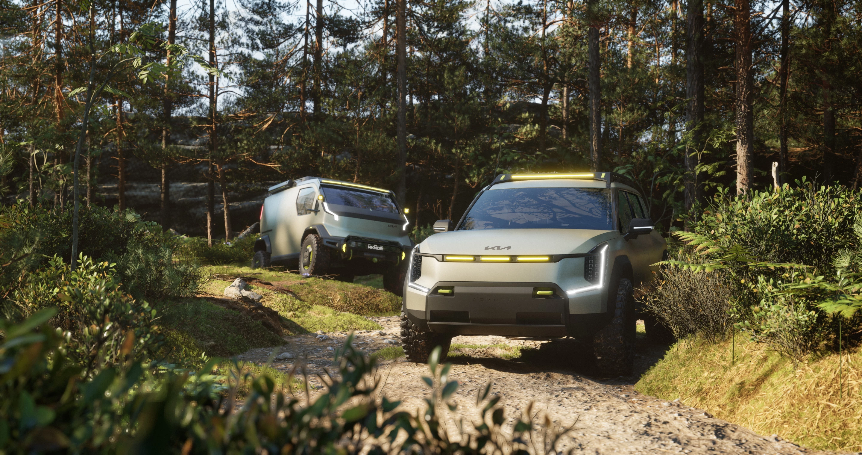 The Kia EV9 ADVNTR takes the lead in front of the PV5 WKNDR