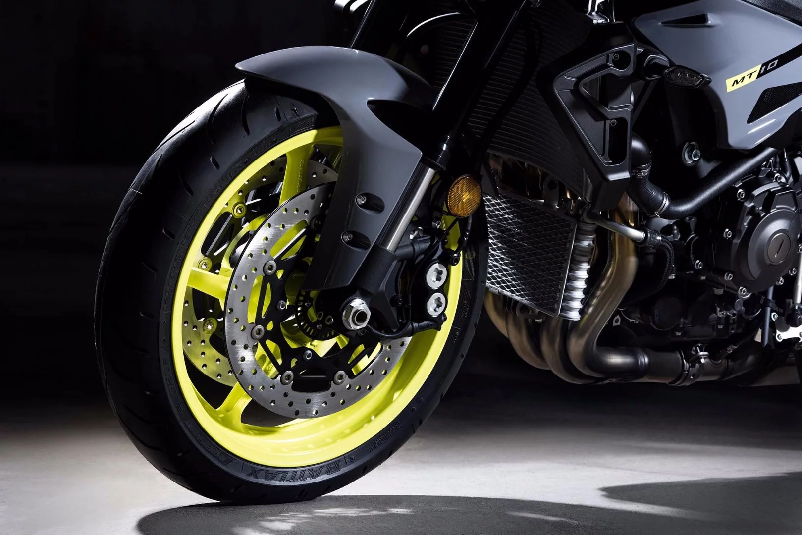 Yamaha MT-10: as a styling touch, these flouro rims are about the rudest thing in motorcycling