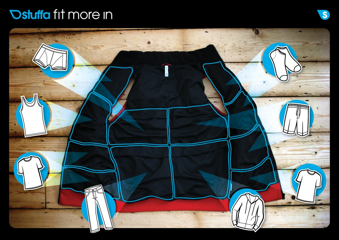 The dozen compartments are all secreted in the jacket's interior, made from an elasticated netting that forms an extra inside lining