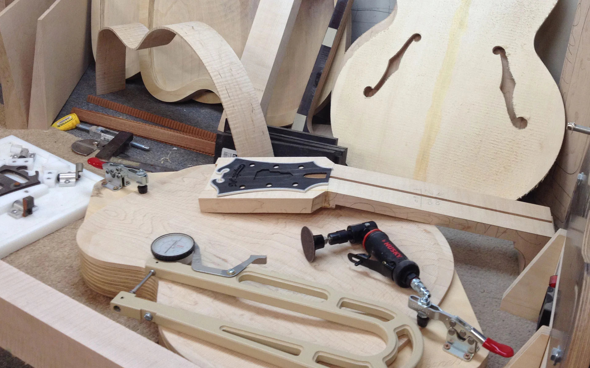 The USA Masterbuilt Excel being built by luthier Gene Baker and his team