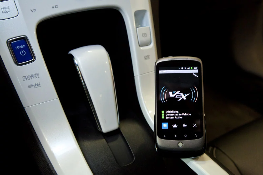 A smartphone application being tested by GM to enable vehicle-to-vehicle and vehicle-to-infrastructure communication