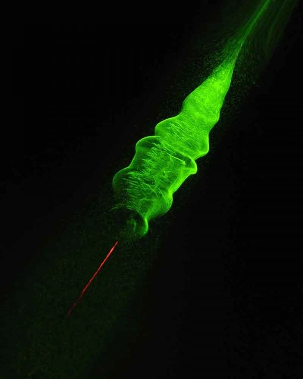 Close up of the condensation cloud formed in the laser's wake