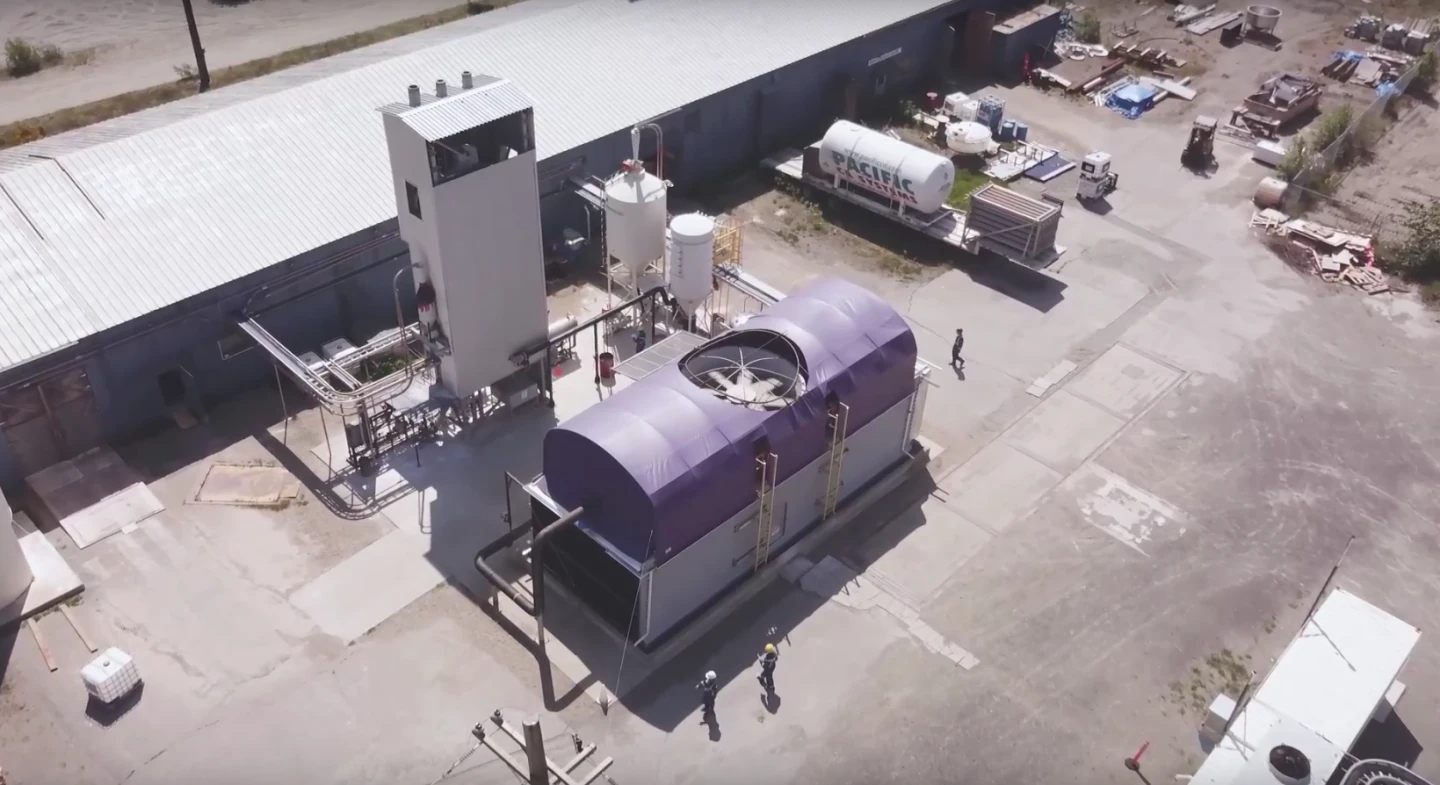 Carbon Engineering's direct air capture equipment. Shown are the calciner (left) and air contactor (right)