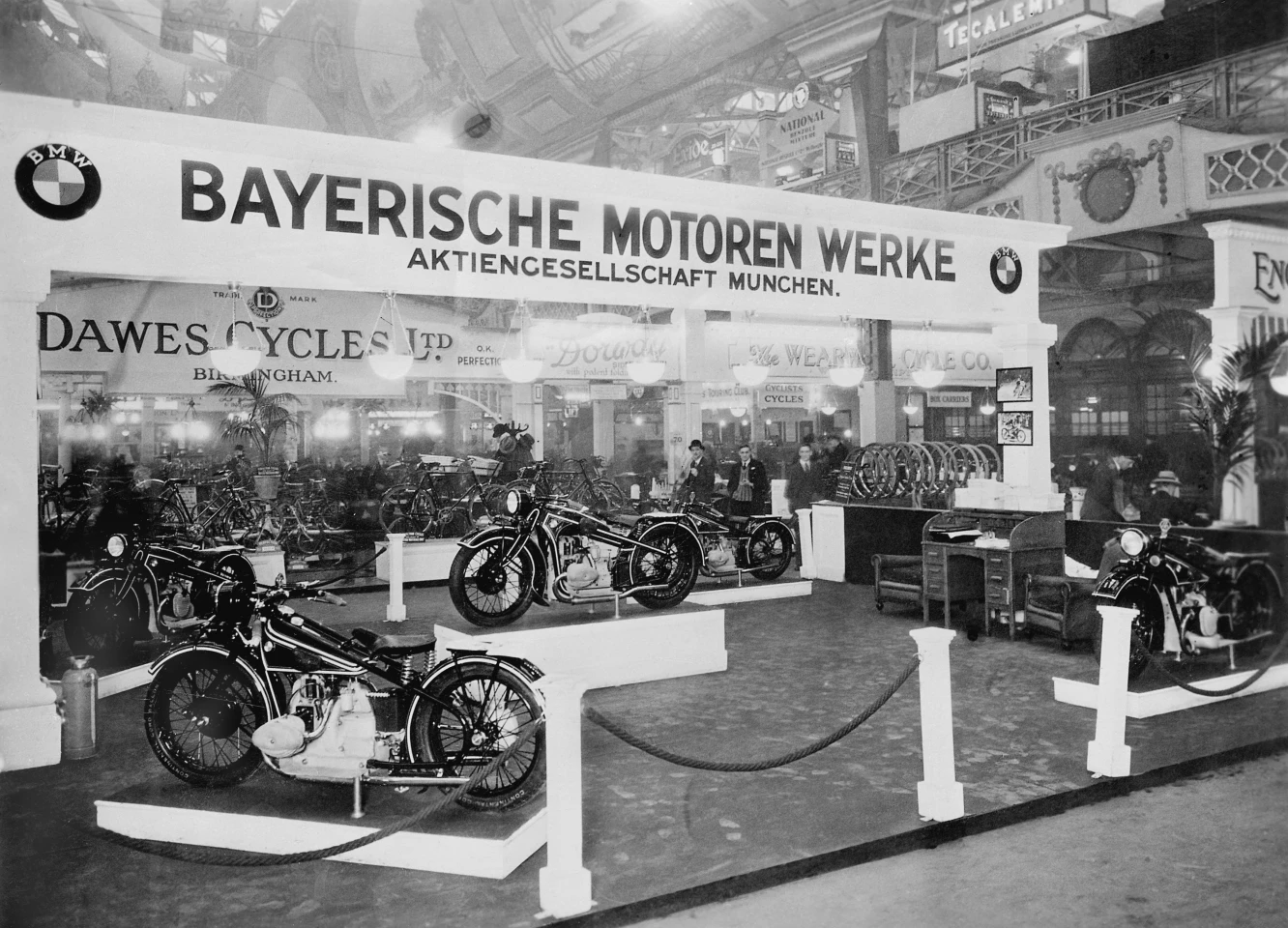 The fledgling Bayerische Motoren Werke exhibiting at a motorcycle show in the late 1920s