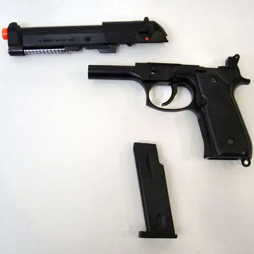 A sharp forward jolt releases the sliding barrel, the magazine clip will become the battery pack