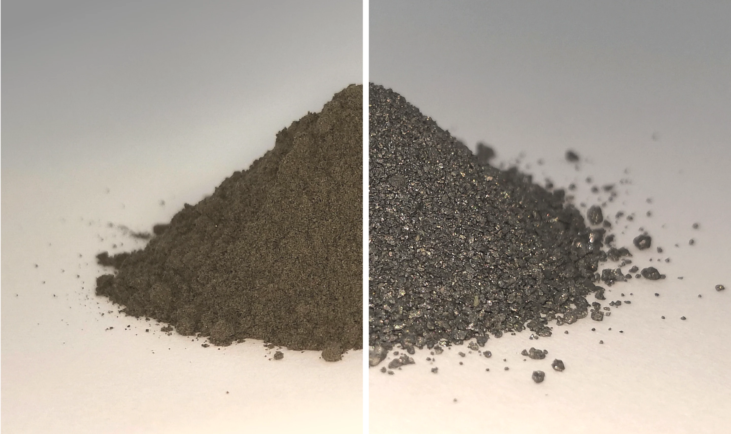Simulated moondust, showing before (left) the oxygen is removed, and (right) the mostly-metal makeup afterwards