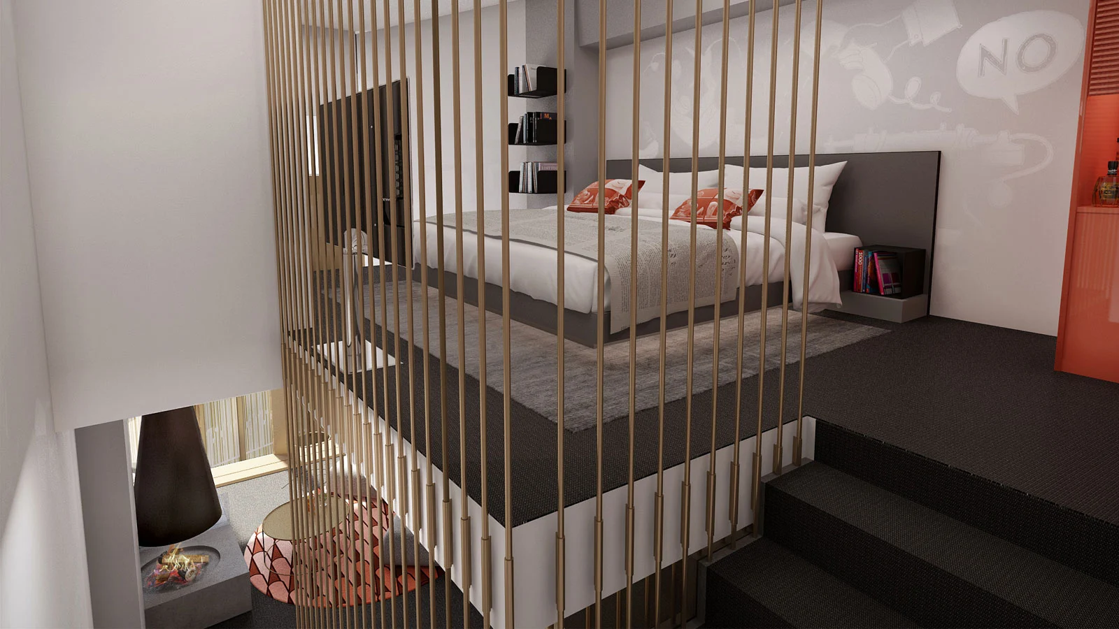 A bedroom across two levels at W Amsterdam