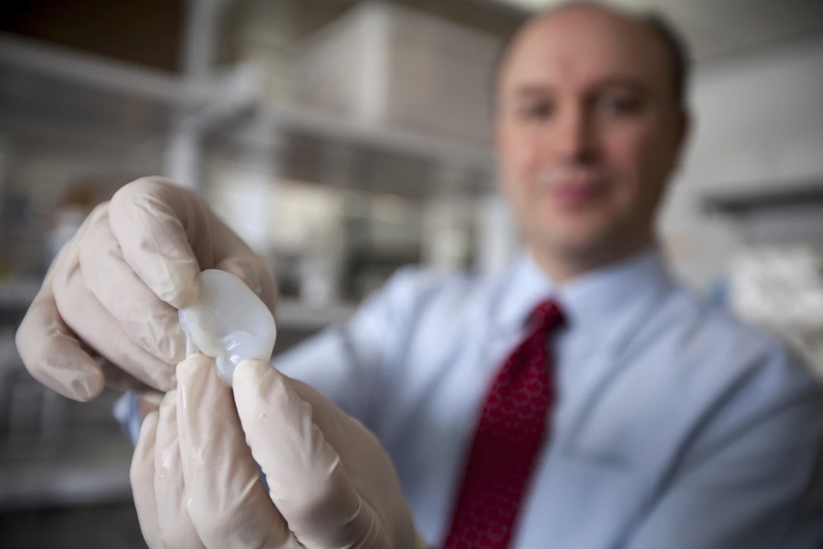 Researcher Lawrence Bonassar holds a fabricated ear created with a 3D printer (Photo: Lindsay France/Cornell University Photography)
