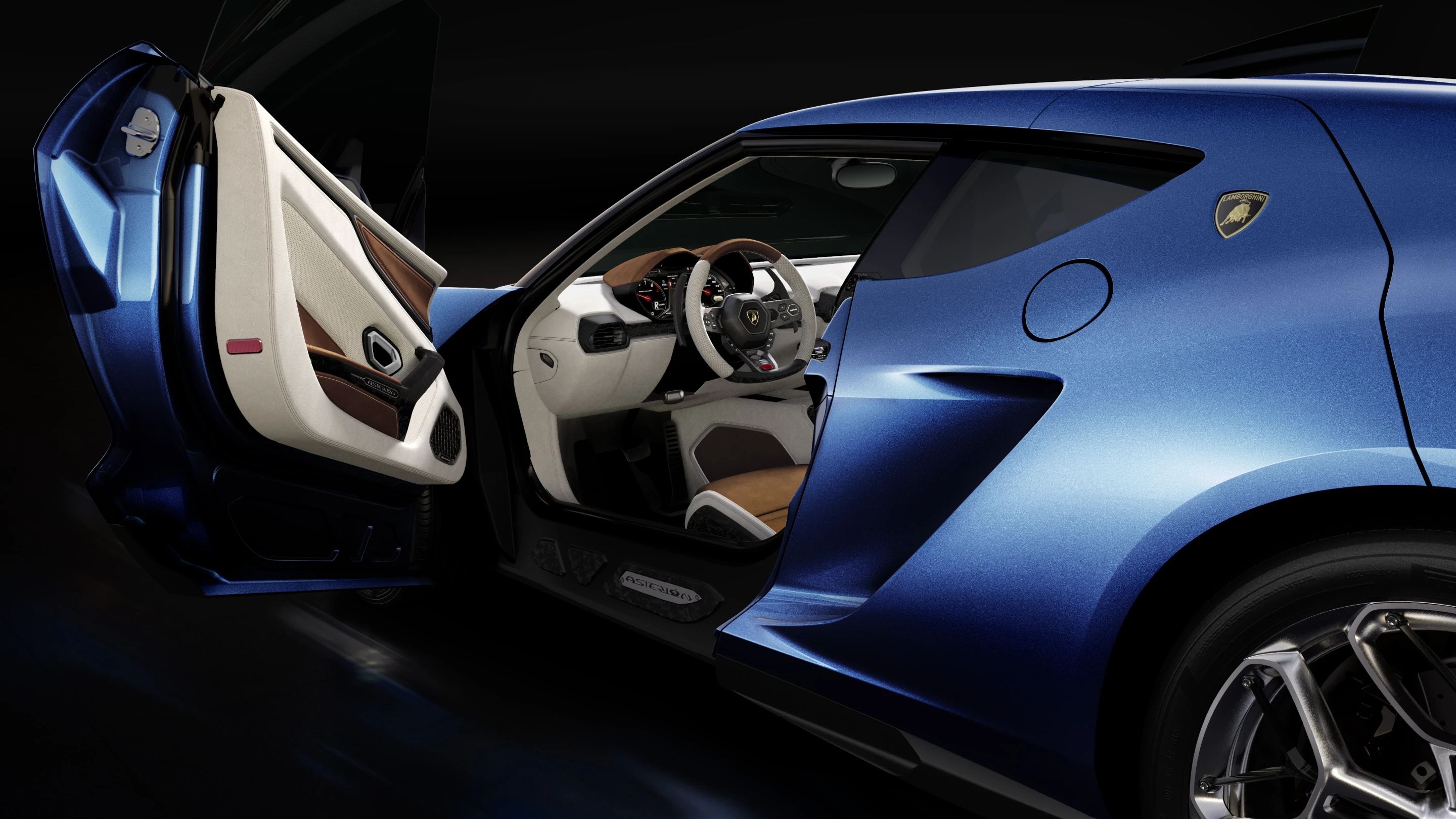 The interior uses contrasting ivory and brown leathers