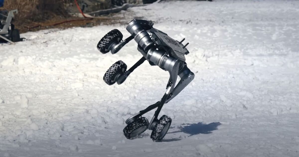 Athletic wheeled robodog kicks up powder for snow parkour Athletic wheeled robodog kicks up powder for snow parkour