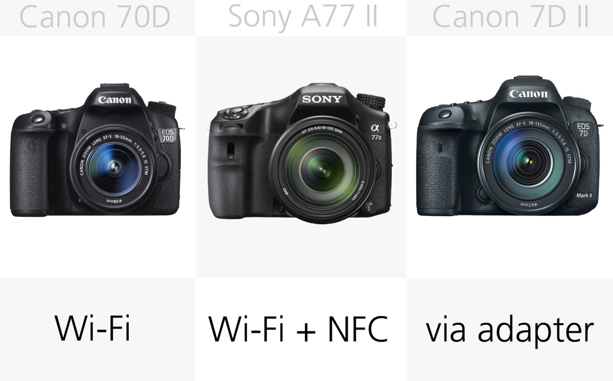 The Canon 70D and Sony A77 II come with built-in wireless abilities