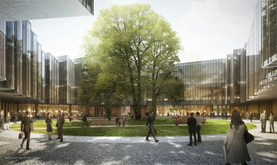 The looped building design surrounds an enclosed courtyard
