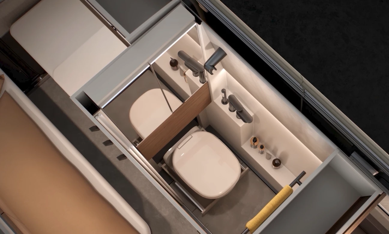The toilet slides out when needed