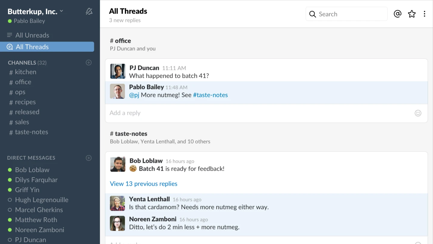 Slack threads are searchable and can be accessed by any member of the channel