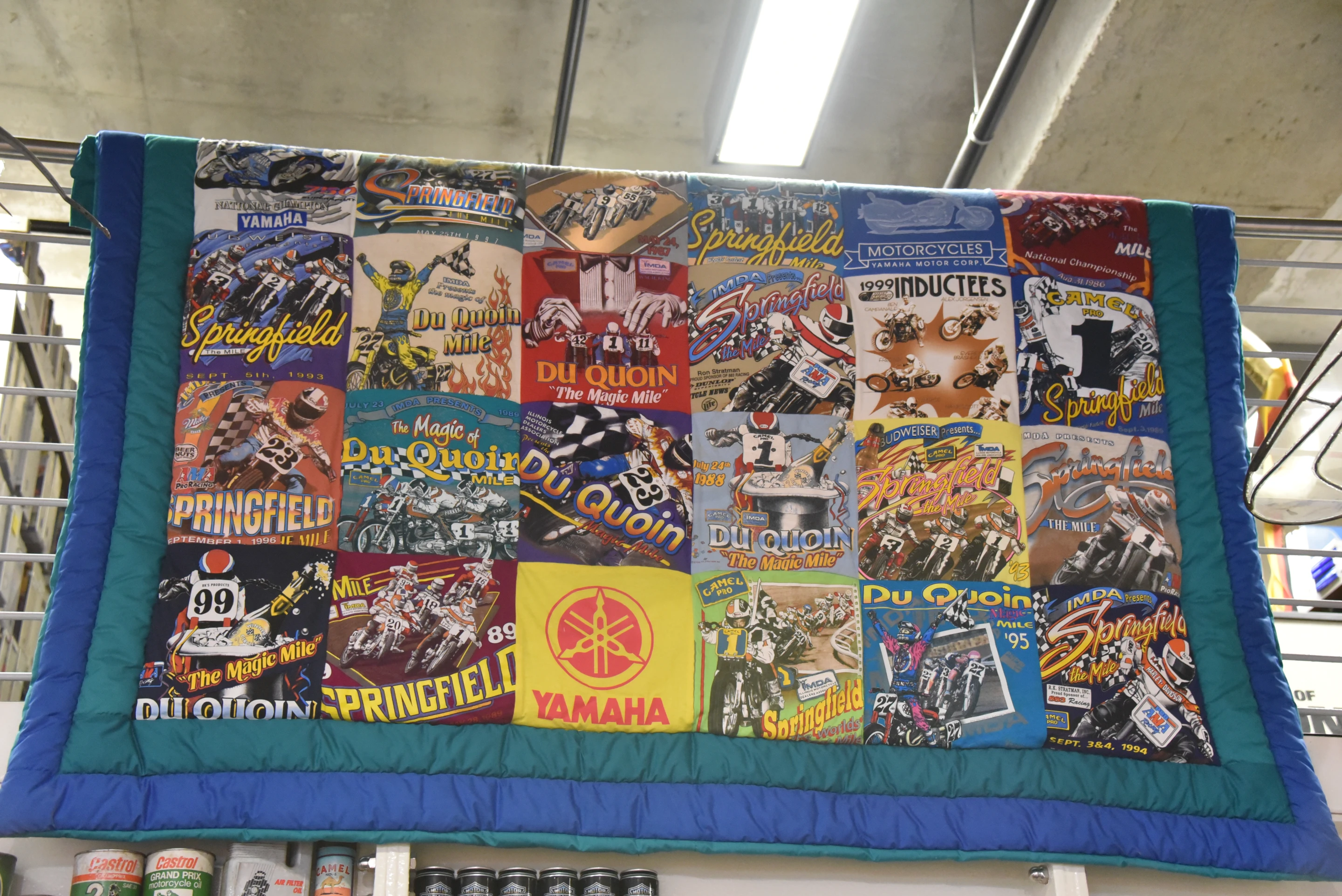 Great way to use those all t-shirts – this quilt featuring t-shirts from Flat Track racing is just one of a number of quilts donated to the original museum in downtown Birmingham