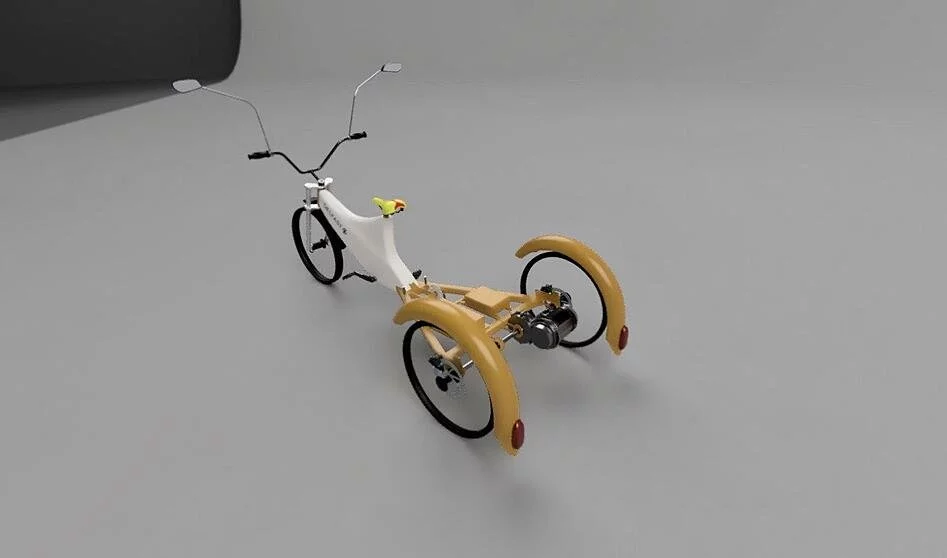 The e-trike will feature a 750-W brushless motor for a top speed of 42 km/h, a battery pack that's good for all weather travel up to 100 km per charge, and a modular cargo platform behind the rider