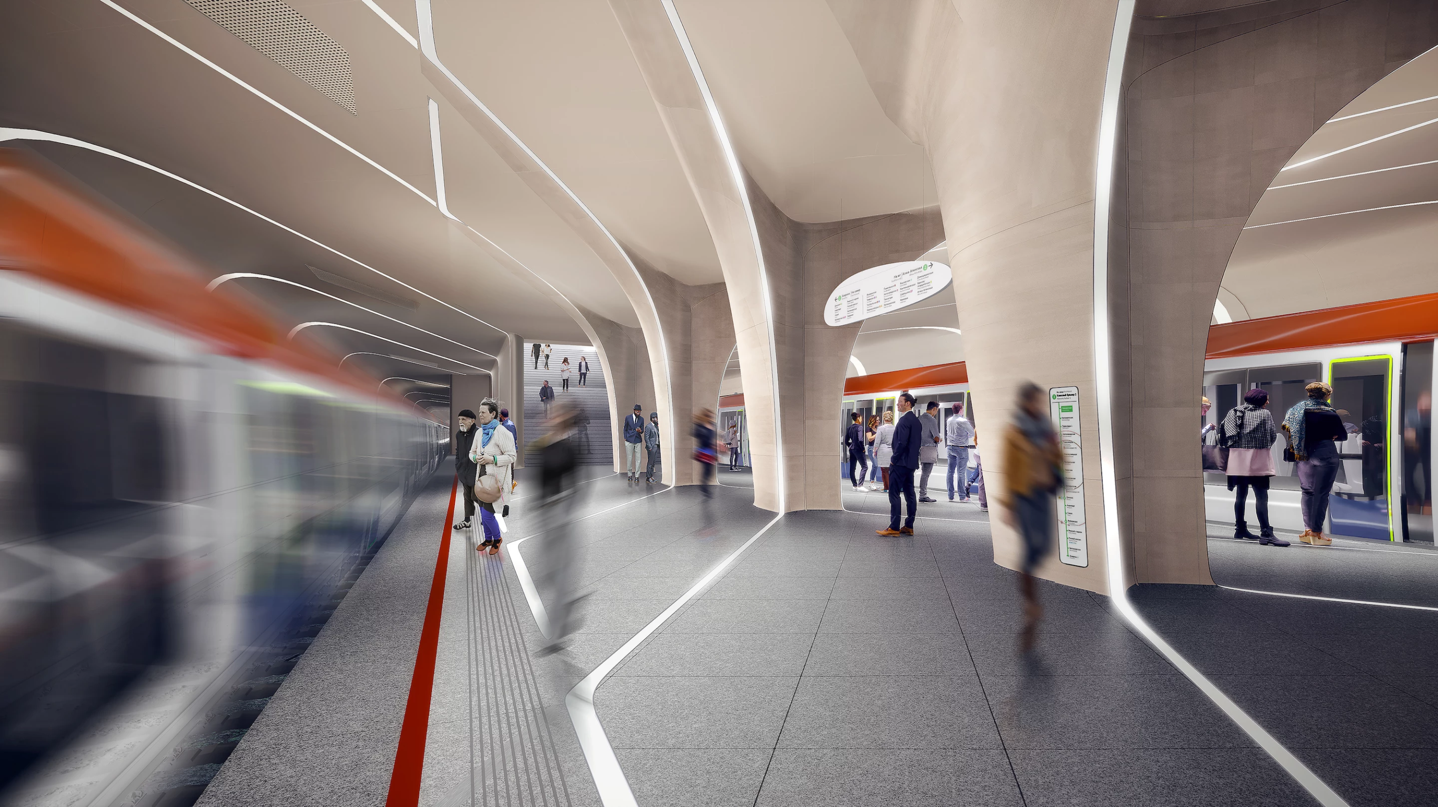 "Providing intuitive navigation throughout, the design incorporates new innovations in lighting and passenger information systems to define the next generation of stations on Moscow's renowned metro system," explains ZHA