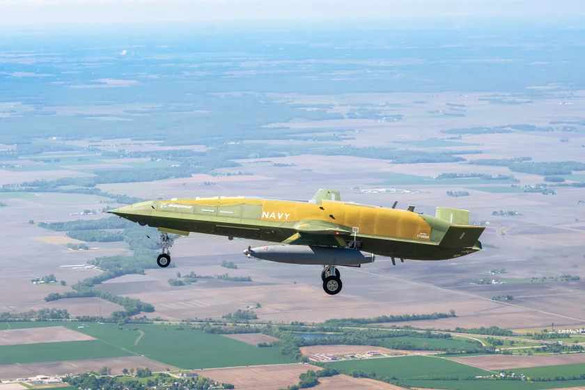 The first operational US Navy MQ-25A Stingray soars over southern Illinois during a successful two-hour first flight on April 25