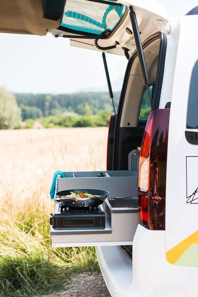 The Nest galley is simple and to the point: a single-burner stove, fridge, storage and work space