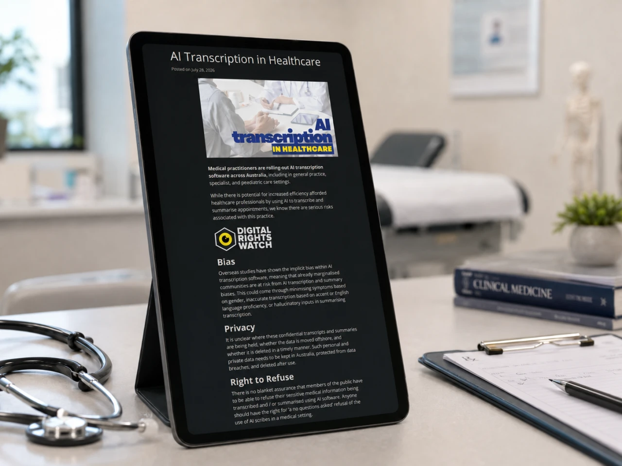 Digital Rights Watch’s new campaign warns that AI transcription in healthcare raises serious questions around bias, privacy and a patient’s right to refuse
