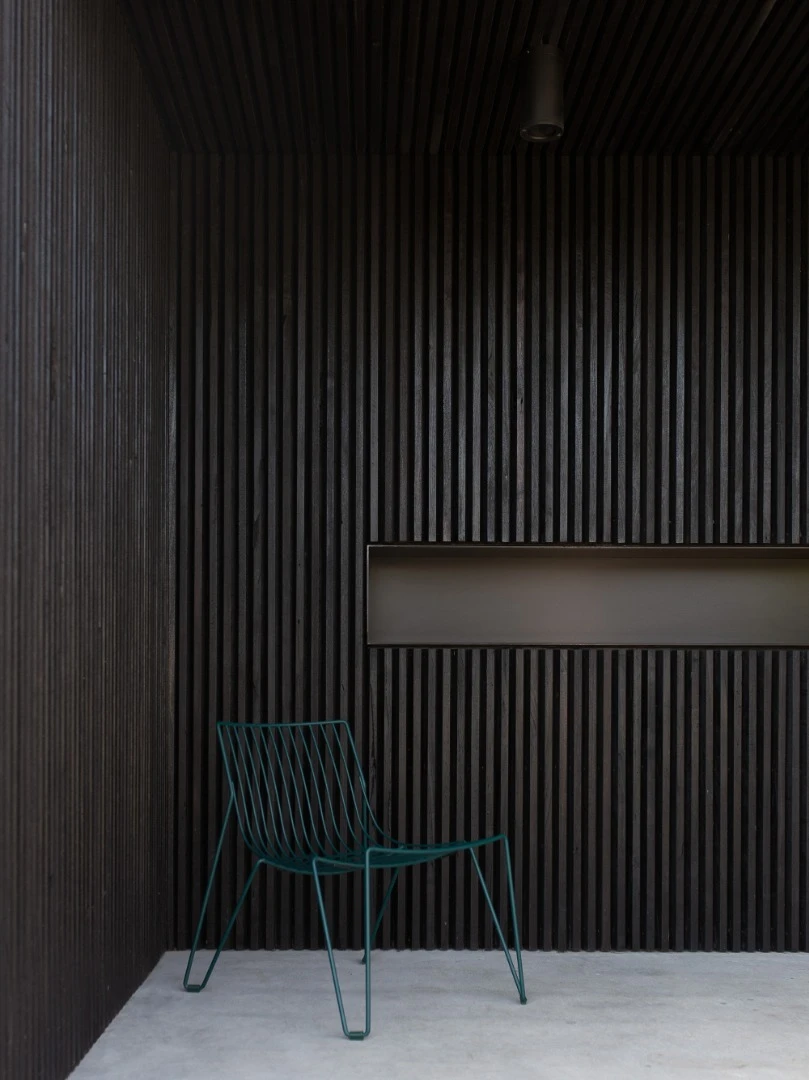 Black polished wooden slats clad sections of the home