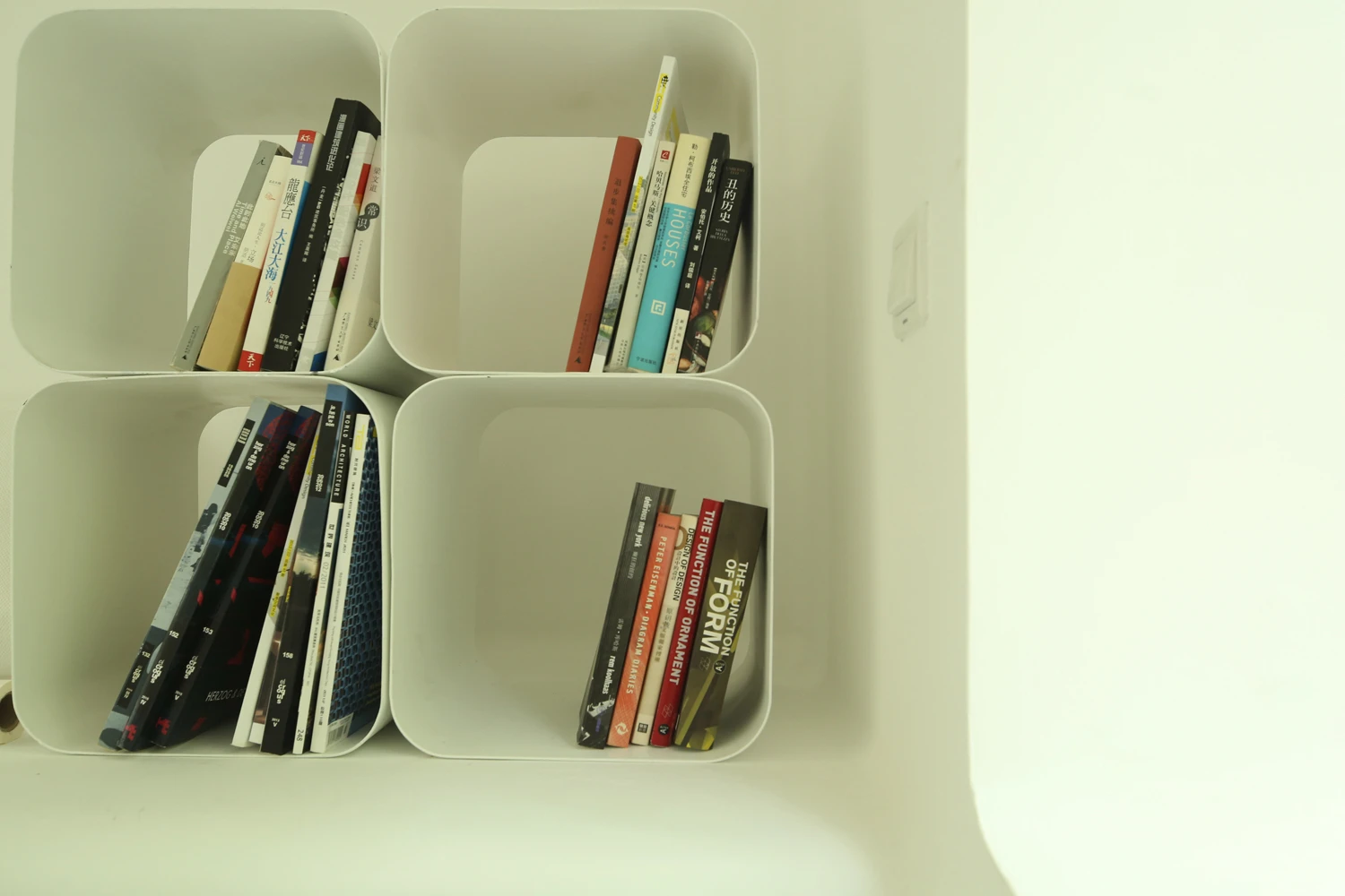 Bookshelves are built into the home's structure