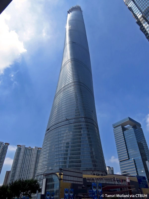The Shanghai Tower rises an incredible 632 m (2,073 ft) over the Lujiazui Financial Center in Shanghai, China