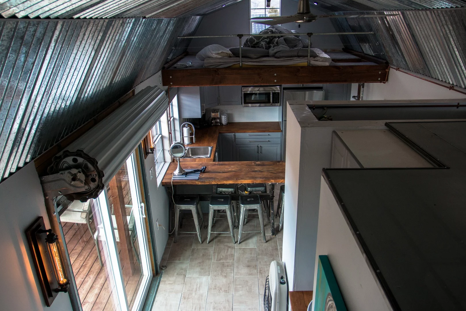 The view from above the living room loft. You can see the second loft on the far side.