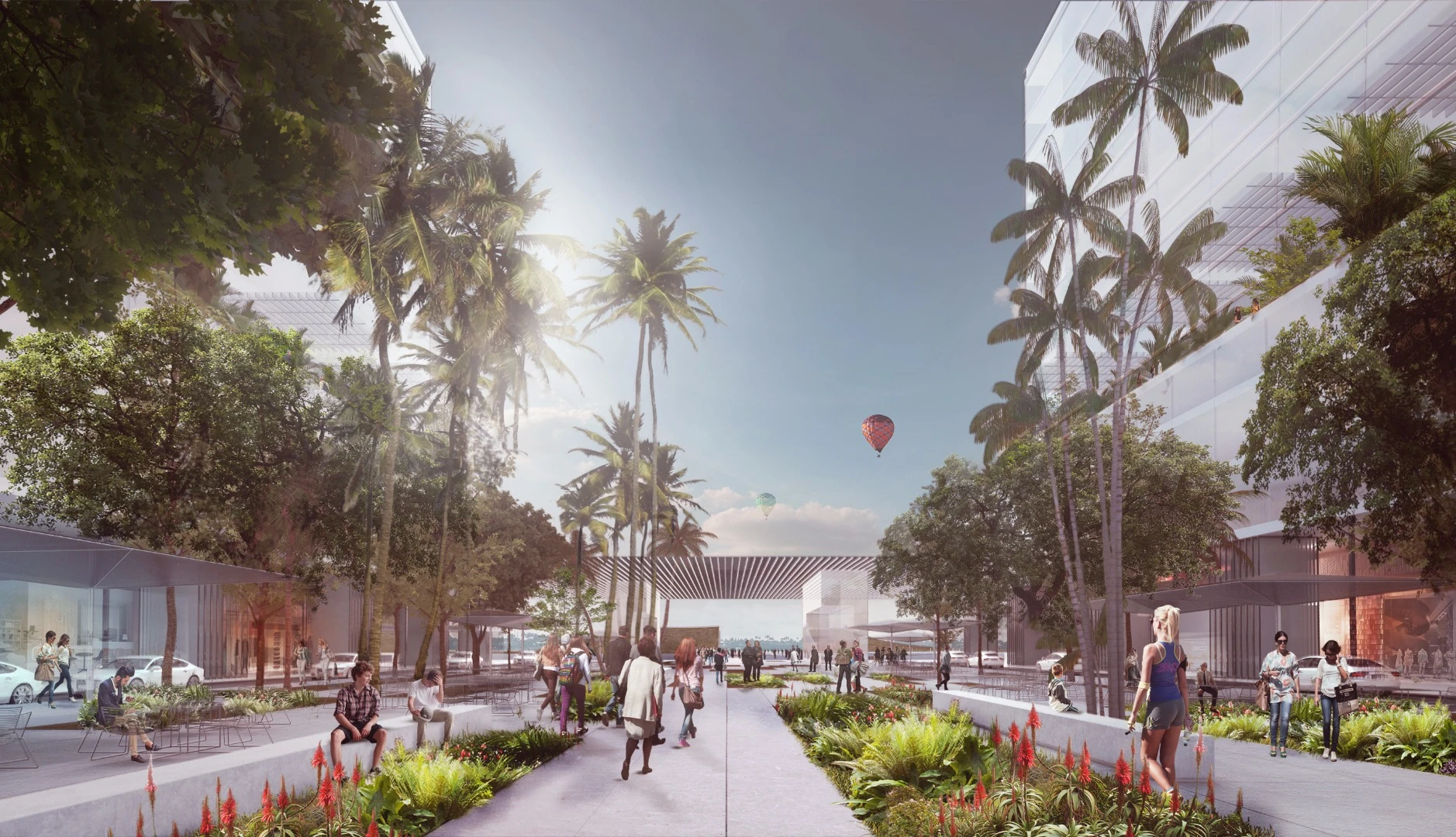 The on-land facilities at Currie Park will be joined to the floating plaza by leafy pathways