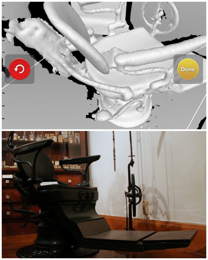 A dentist's chair from 1921, comparison of virtual and real (Image: Occipital/Josh Mishell)