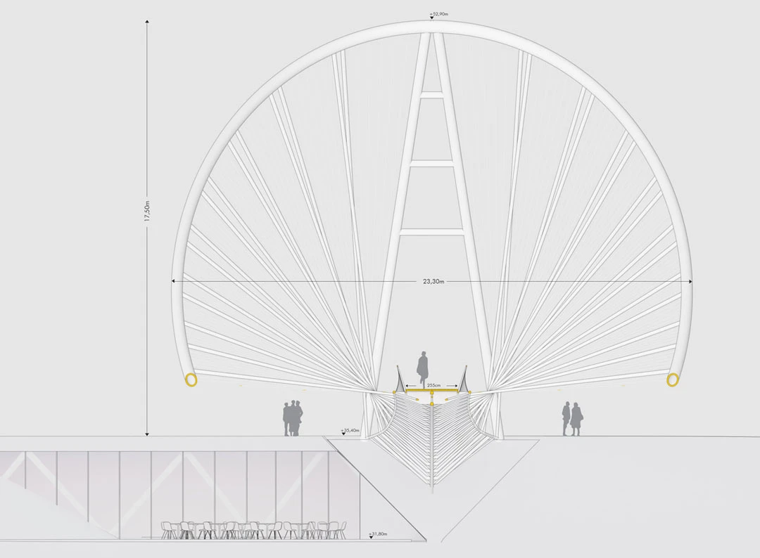 Two thirds of the bridge is suspended in order to span the entire width of the River Irwell, while the final third is supported by column (Image: penda)
