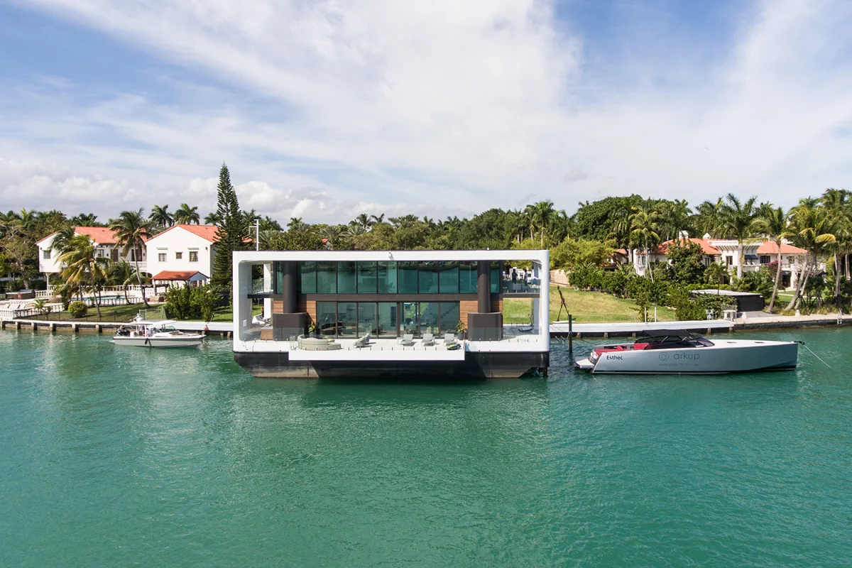 The Arkup #1 is a luxury floating home that can raise itself on hydraulic stilts