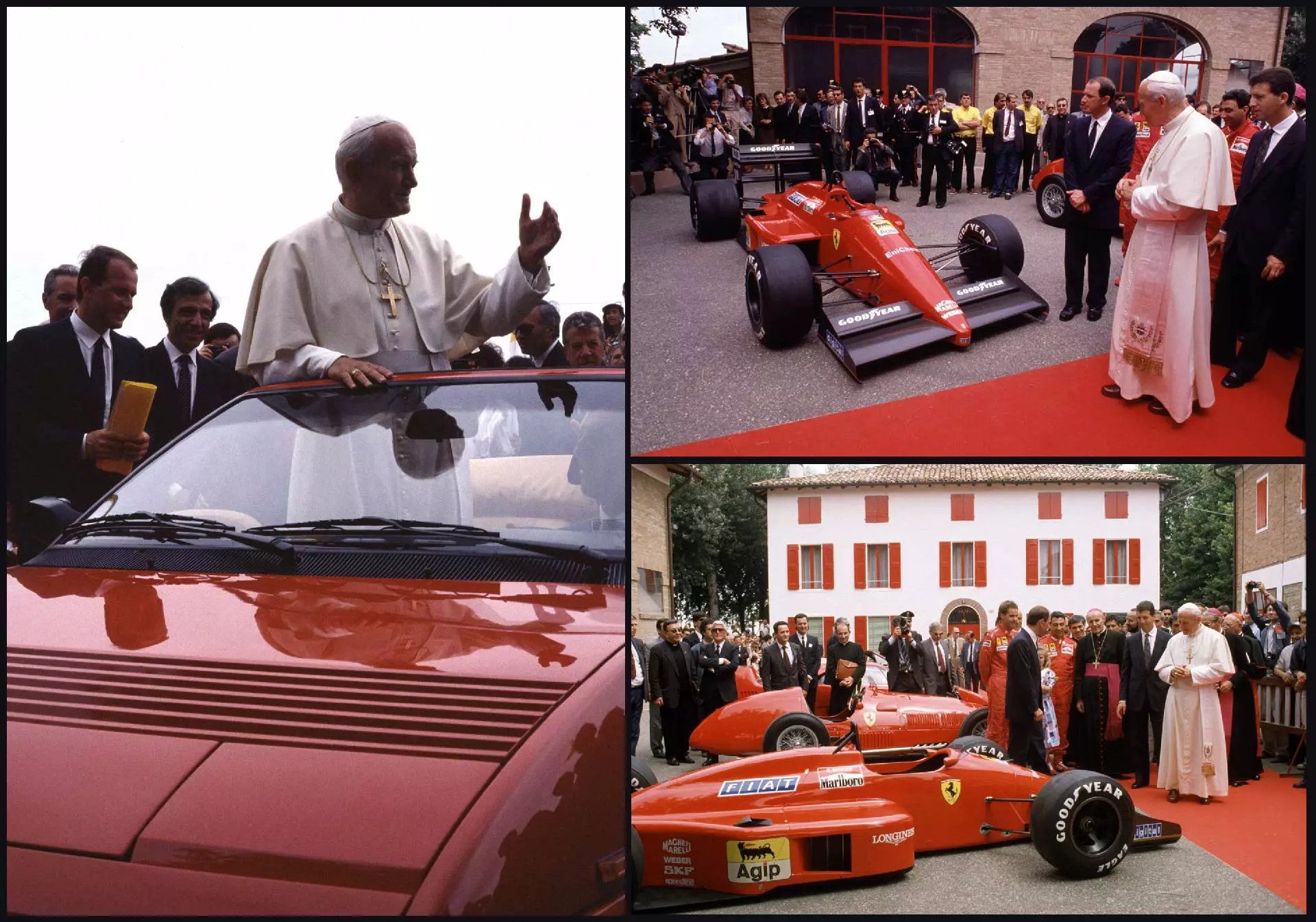 Pope John Paul II touring Maranello and the Ferrari factory in 1988.