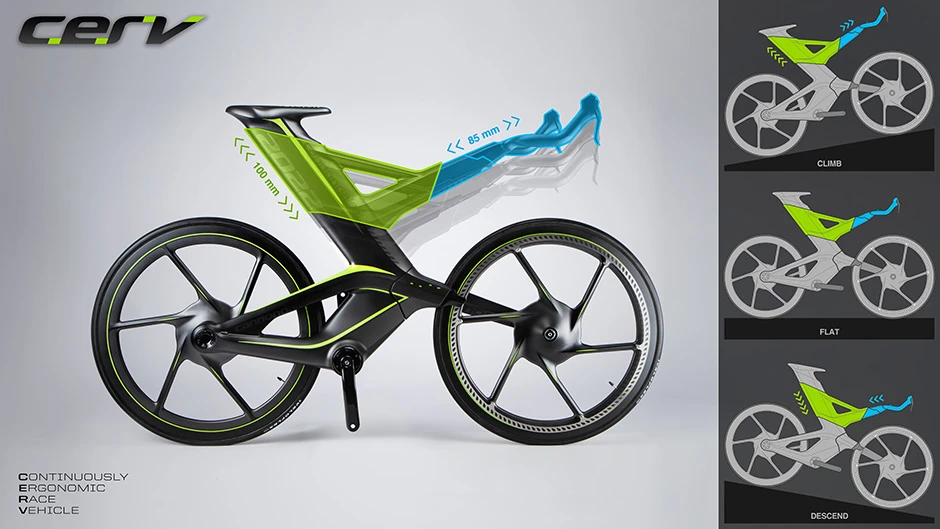 The position of the CERV's headset can be lowered or raised to match the terrain being covered without altering the seat-to-crank height