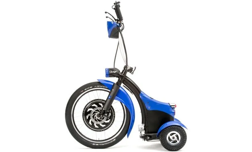 Two smaller rear wheels are connected to the front balance wheel by swing arms
