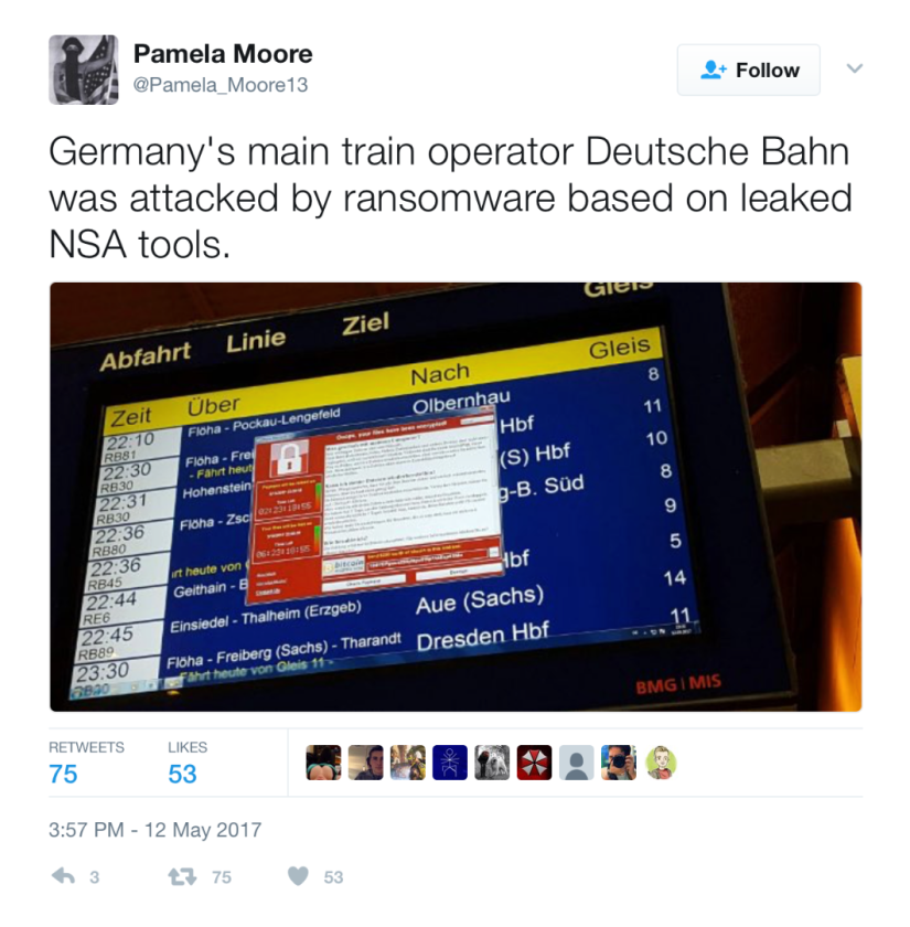 Twitter post showing the WannaCry ransomware infecting Germany's major train operator