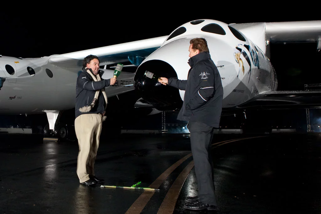 Governor Schwarzenegger of California and Governor Richardson of New Mexico christened SS2 with the name Virgin Space Ship (VSS) ENTERPRISE (Photo: Mark Greenberg)