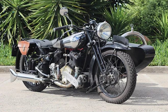 The largest model to emerge from Brough's Nottingham factory was the 11-50, designed primarily for sidecar and police work. The engine was a powerful 60-degree JAP V-twin with a single Amal carburettor. The Monarch patented bottom-link front fork was specially designed for sidecar work and the advanced four-speed gearbox was pivotal-mounted, with three close ratios and a low bottom gear. The 11-50 was capable of a very respectable 65-70mph with sidecar fitted, even more riding solo, and proved particularly popular with Australian and Canadian police forces. To quote the 1939 Sales Brochure, the 11-50 Special was “…specially built for the tough guys of the motor-cycling game” and was available in Colonial trim, with long rear-swept handlebars, twist-grip controls, foot-boards, foot clutch and gear-change. In production from 1933 until 1940, when Brough Superior ceased all motorcycle manufacturing and switched to precision engineering, with only 308 thought to have been made in that period. This outfit sold in Australia in December 2014 for AUD$111,000 (US$92,067).